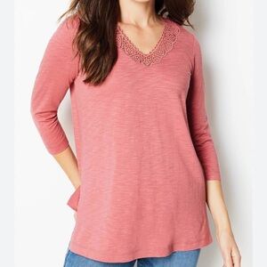 J.Jill Sunset Lace V-Neck Cotton Blend Tunic Tee with 3/4 Sleeves Size Large